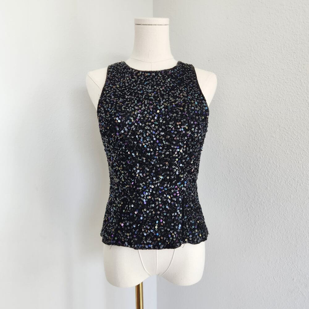 Vintage Lawrence Kazar Black Iridescant Sequin Silk Embroidered Blouse S